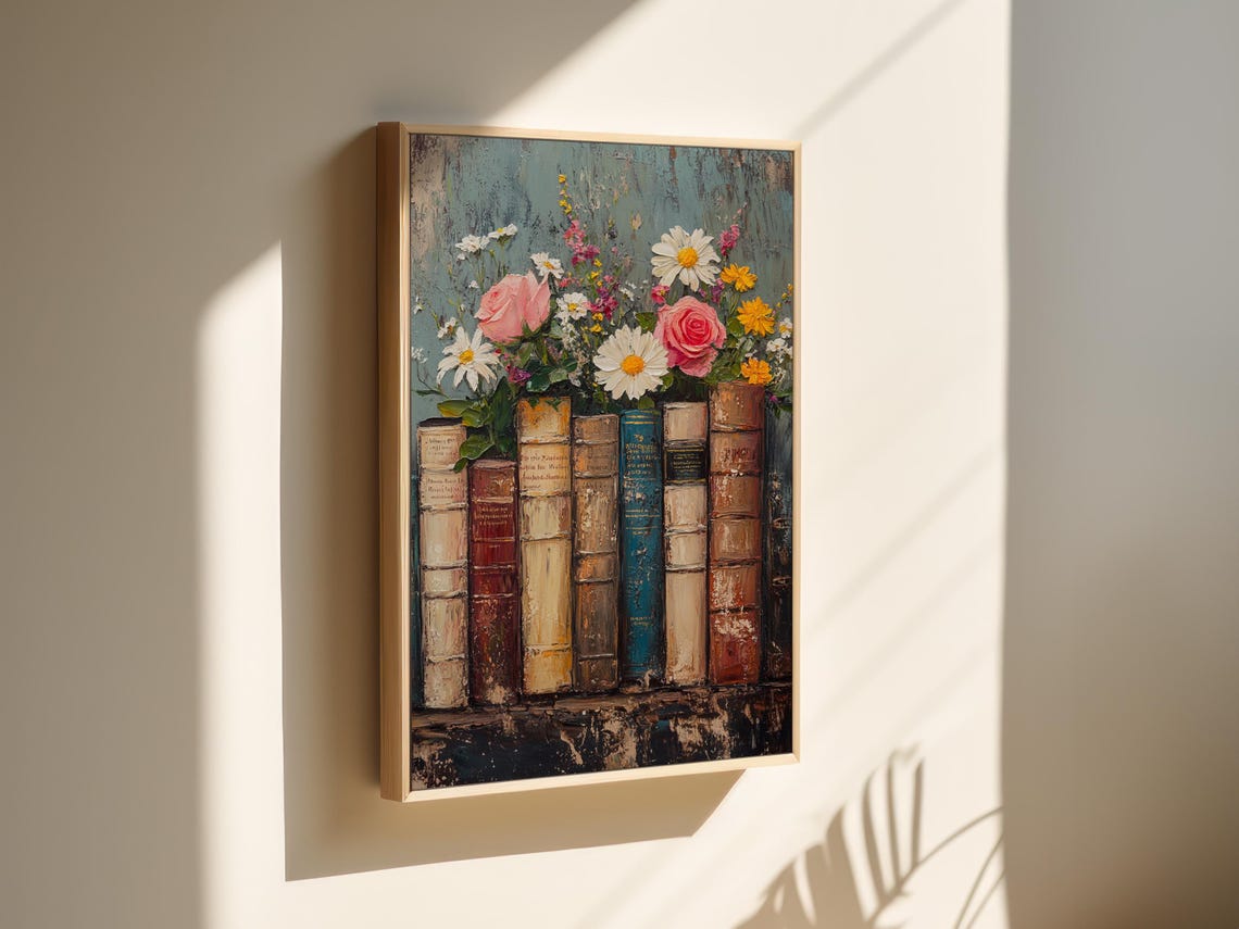 Vintage Floral Bookshelf Old Books With Daisies Rustic Poster - Image 4