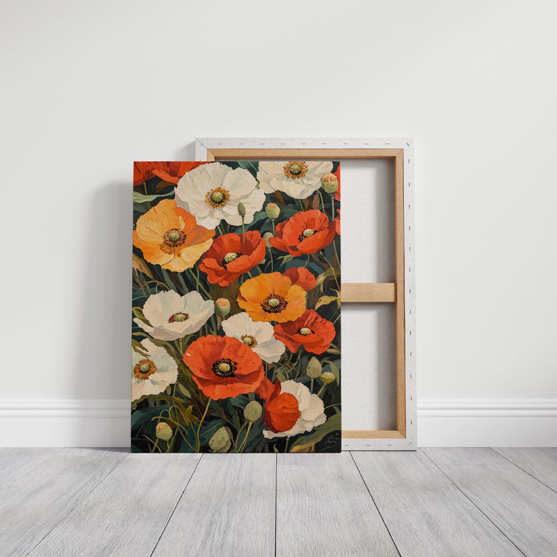 Vibrant Poppies Textured Floral Painting Red White Orange Poster - Image 3