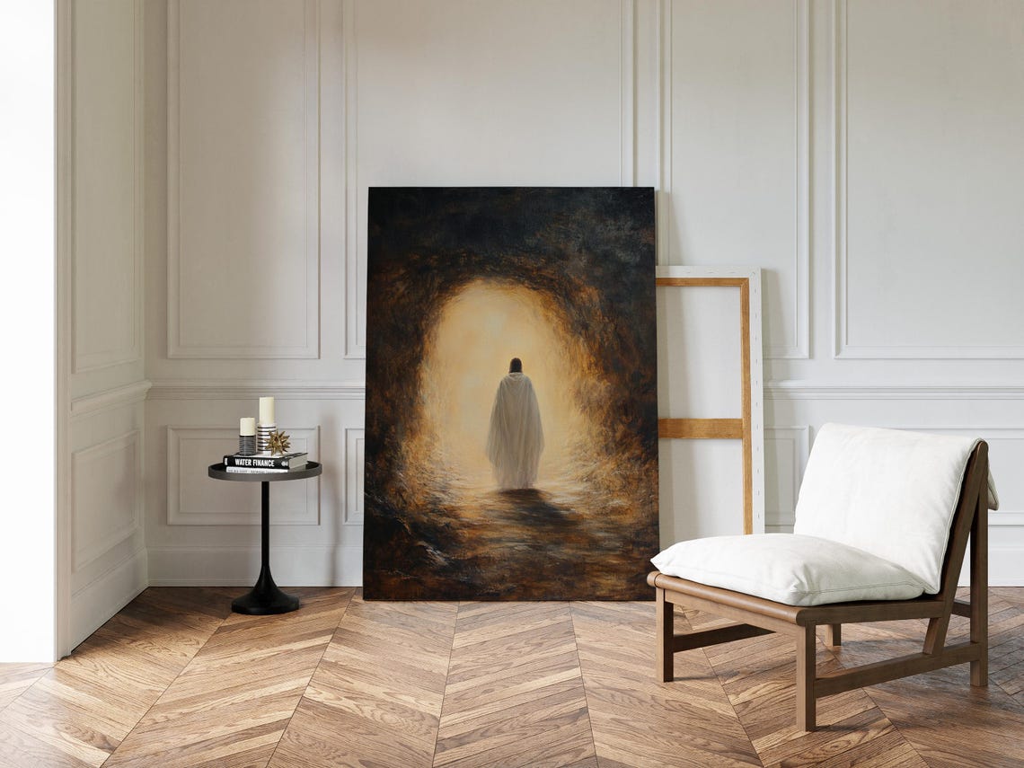 Robed Figure Walking Into Radiant Light Through Darkness Poster - Image 7