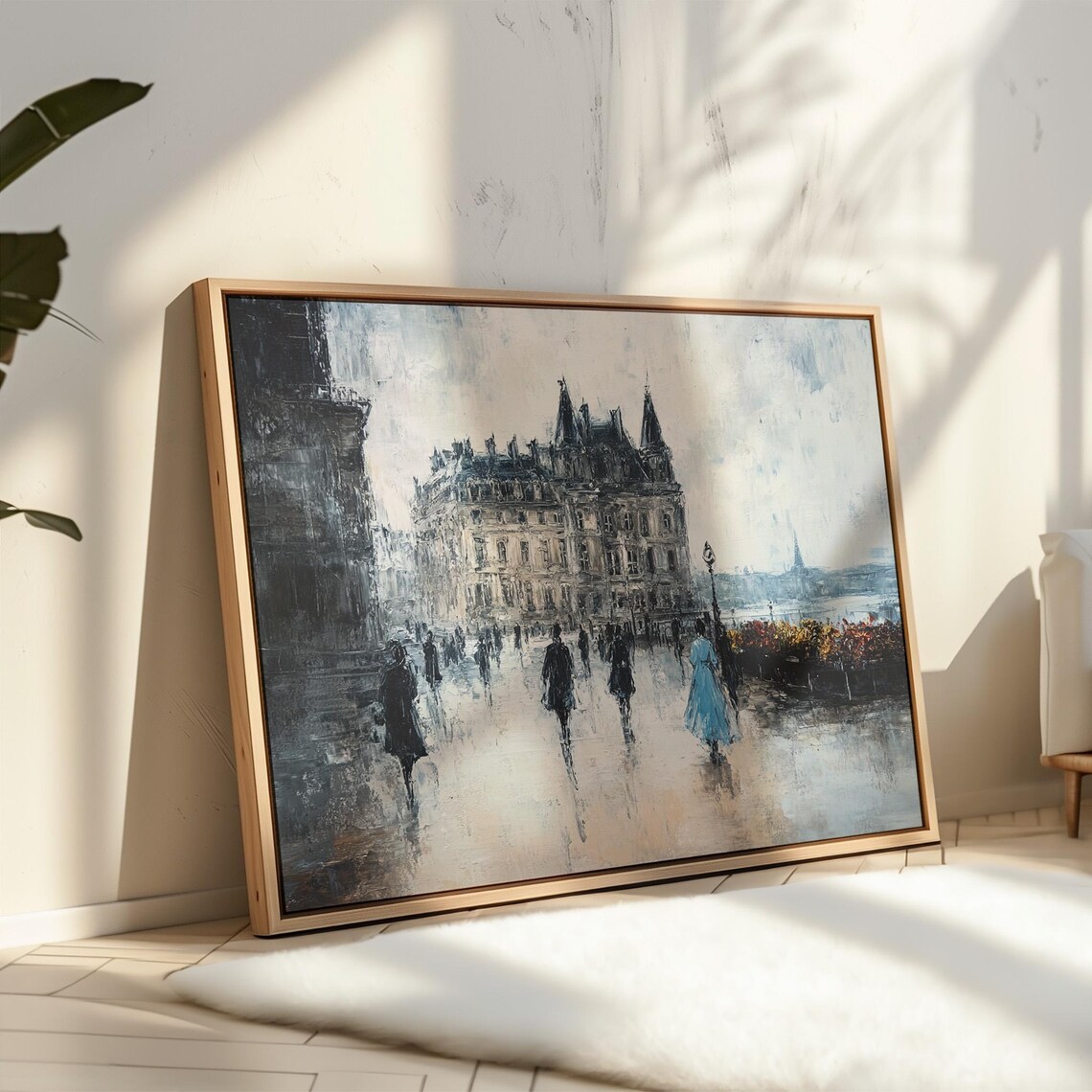 Parisian Street Scene On A Rainy Day With The Louvre In The Background Featuring A Woman In A Blue Dress Amidst A Flowery Market - Image 3