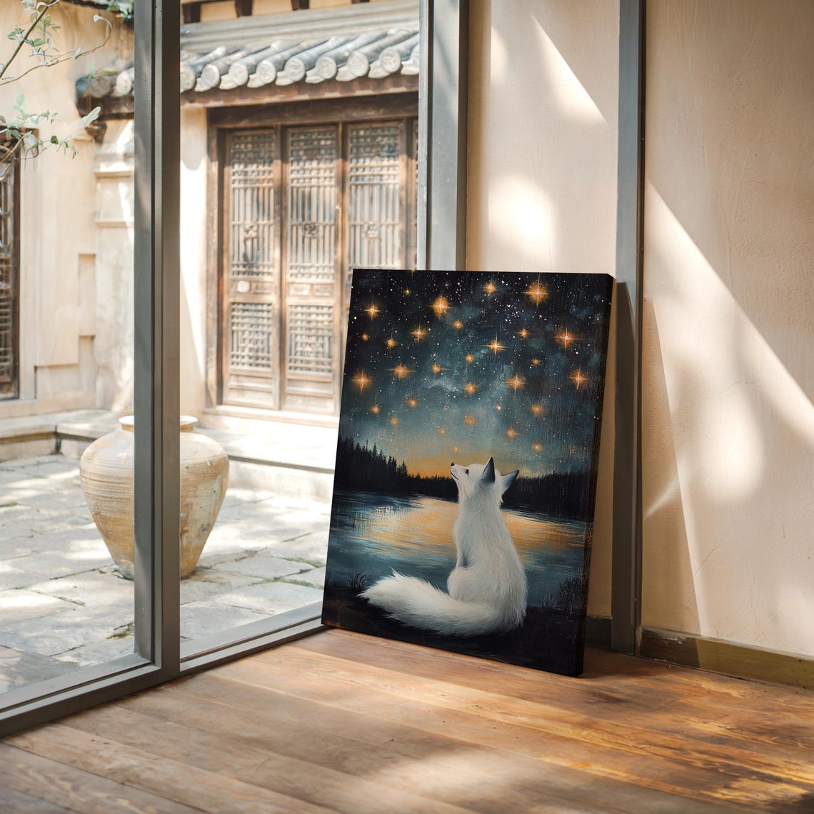 Mystical White Fox Gazing At Starry Sky By Moonlit Lake Poster - Image 5