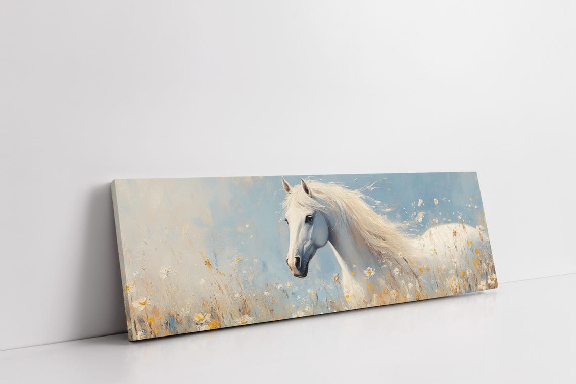 White Horse Running Through Daisy Field Panoramic Equine Poster - Image 6