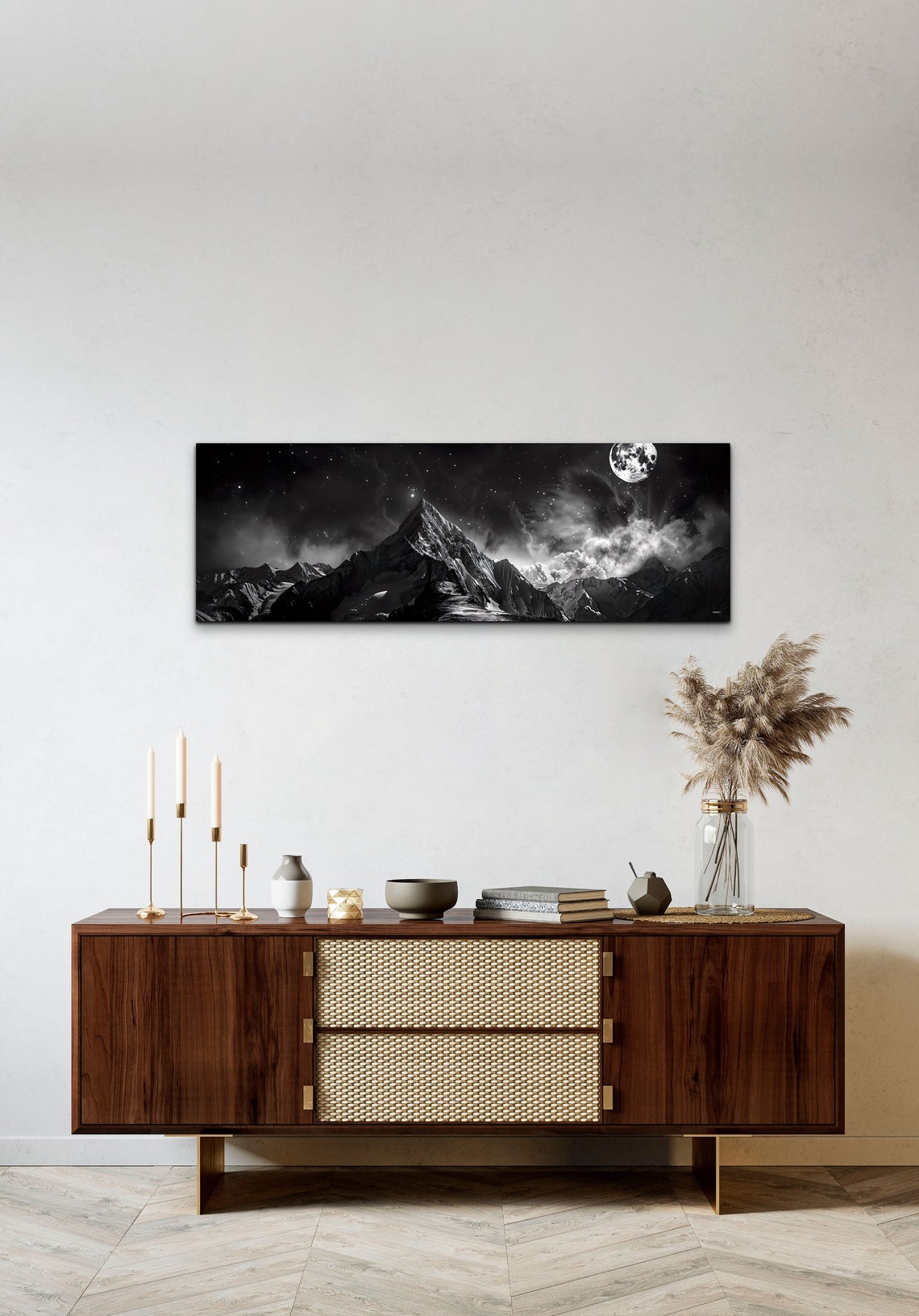 Black And White Moonlit Mountain Peak Under Night Sky Art Poster - Image 3
