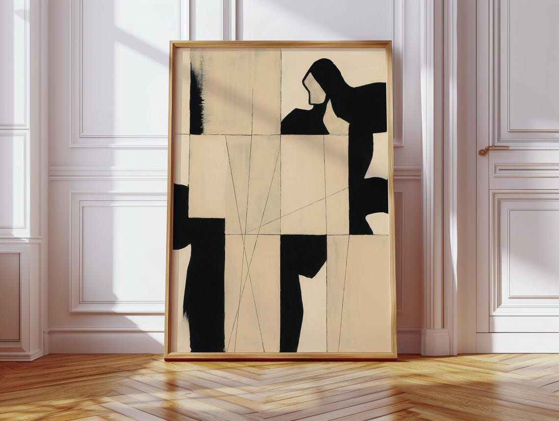Abstract Black And Beige Canvas Minimalist Geometric Silhouette Art With Modern Lines Contrasting Negative Space