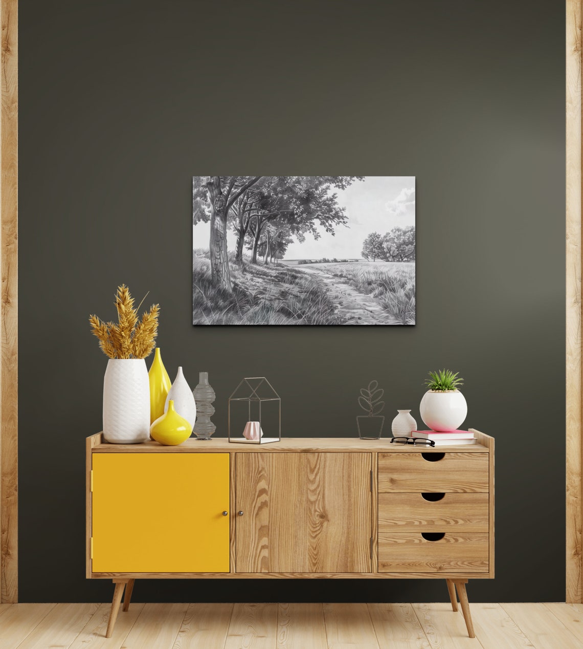 Black And White Charcoal Oak Trees Beside Peaceful Country Path Print - Image 6