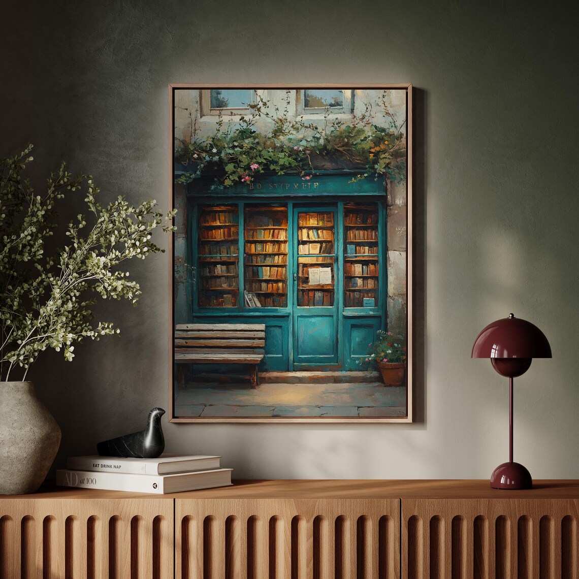 Vintage Teal Bookshop Poster With Climbing Plants And Glowing Shelves - Image 5