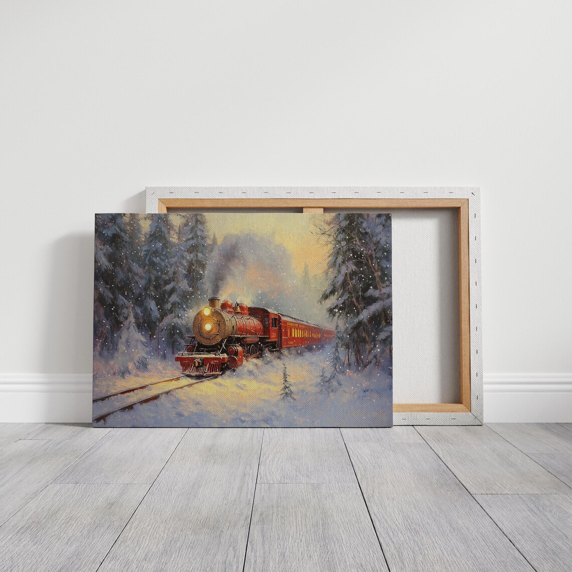 Red Steam Train In Snowy Forest Glowing Sunset Winter Wall Art - Image 3