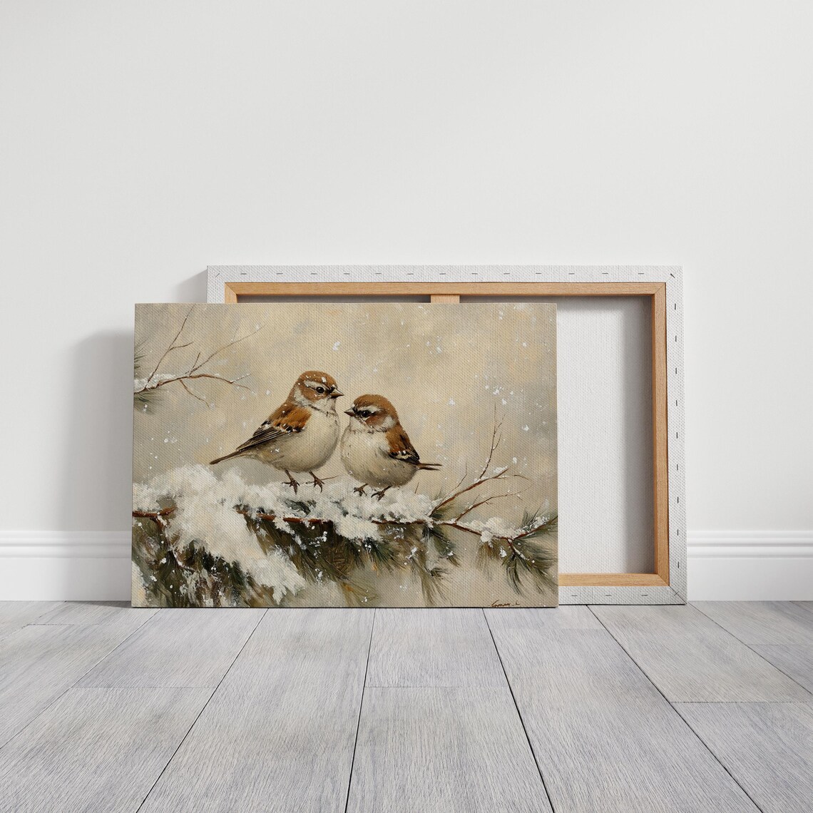 Winter Birds Art Print, Two Sparrows on Pine Branch - Image 3