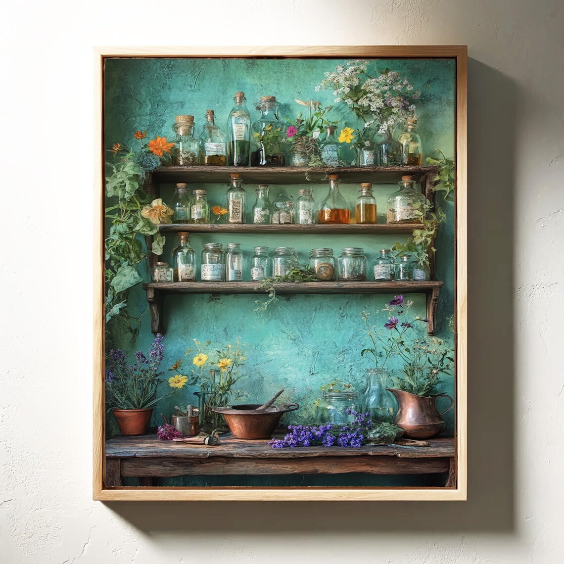 Rustic Apothecary Shelf With Herb Jars Wildflowers Teal Cottagecore Wall Poster - Image 3