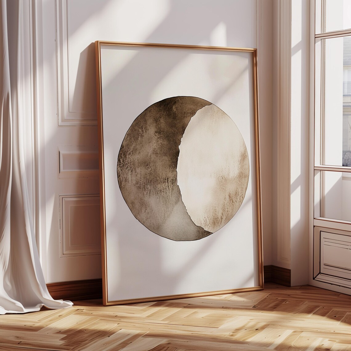 Earthy Brown Full Moon With Crescent Shadow Watercolor Wall Art - Image 2
