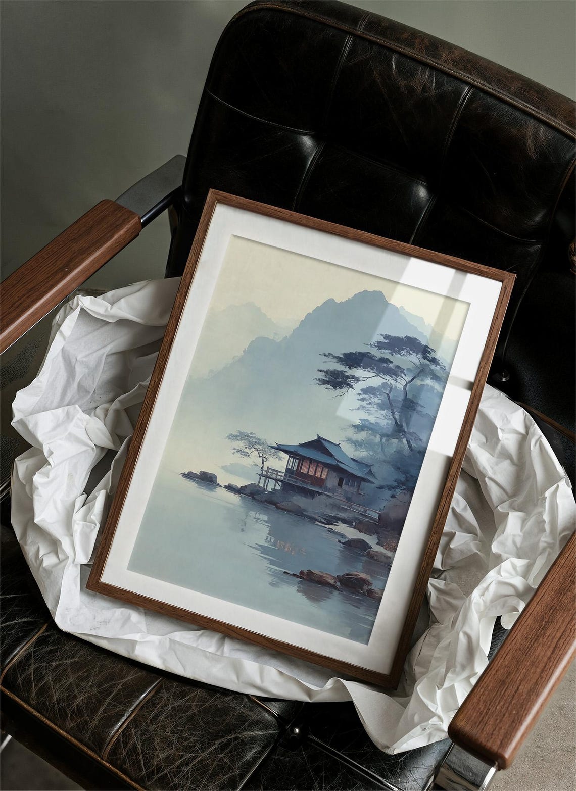 Japanese Lakeside Pavilion Misty Mountains Watercolor Art Poster
