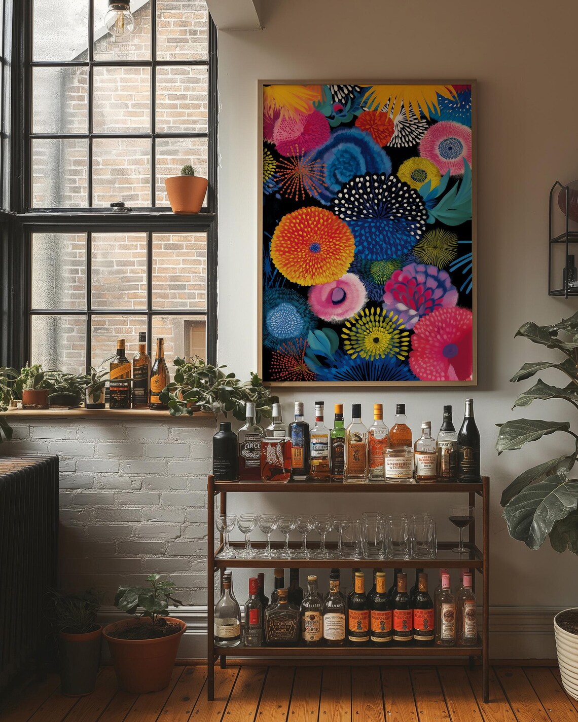 Vivid Colorful Floral Blooms Burst on Black Background Modern Art Poster