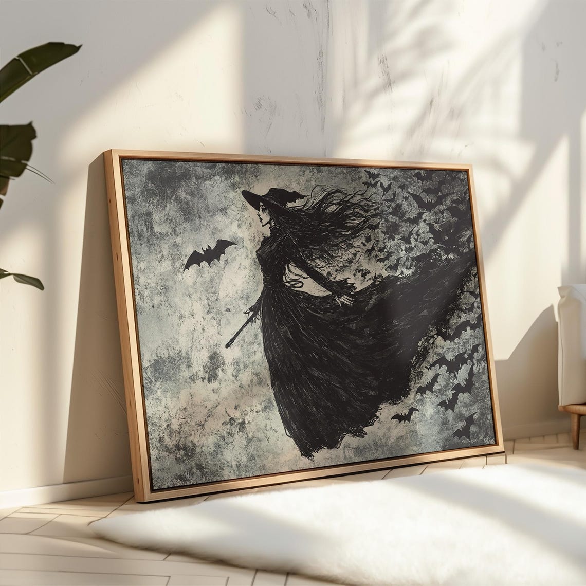 Witch Silhouette With Bats Flying Gothic Halloween Dark Ink Art Poster - Image 4