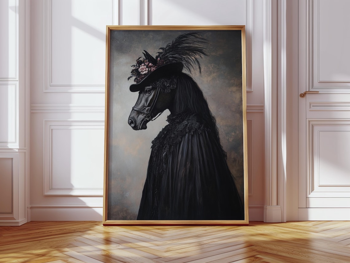 Victorian Horse Portrait Black Lace Gown Floral Feather Hat Gothic Poster