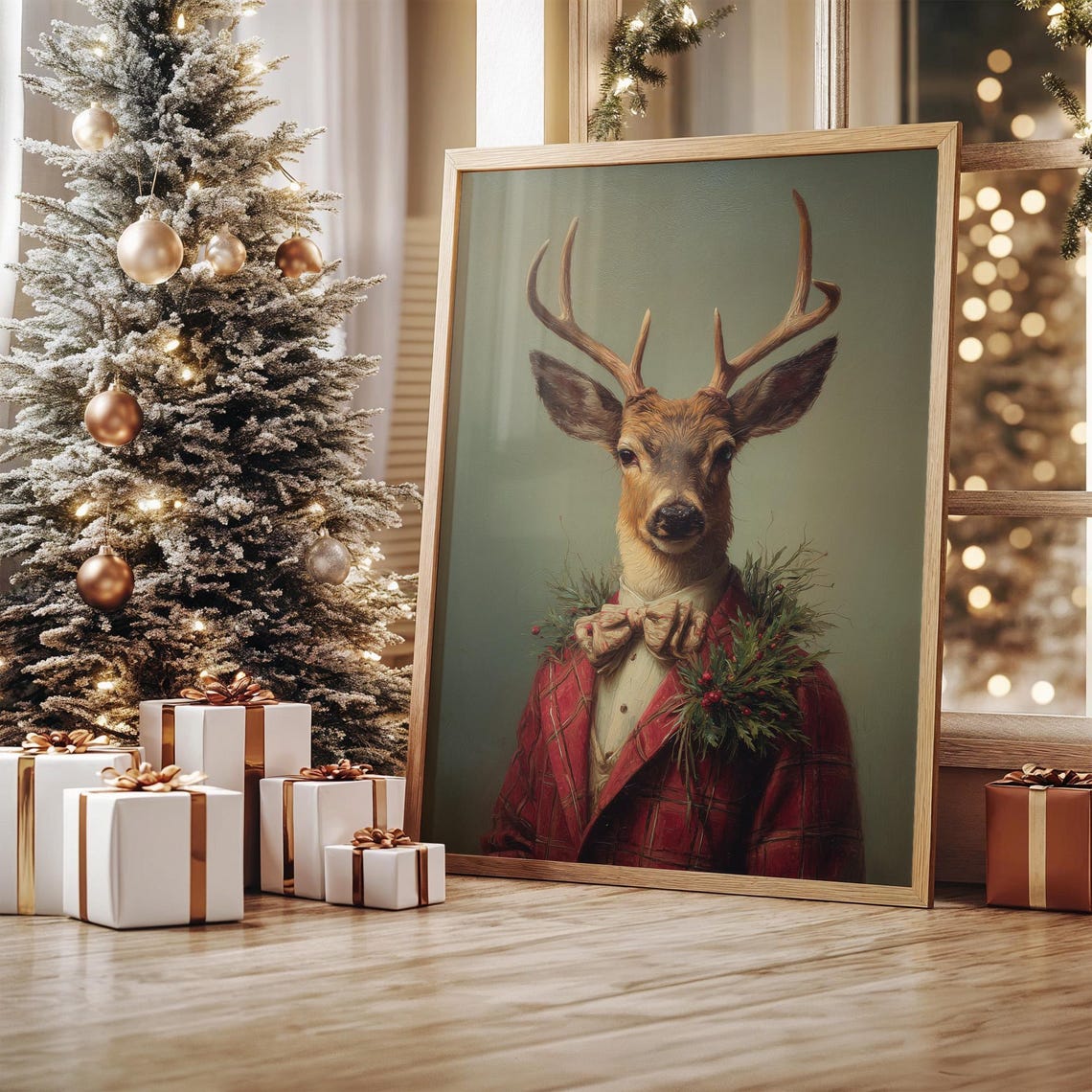 Dapper Reindeer In Red Plaid Suit With Holiday Wreath Christmas Poster