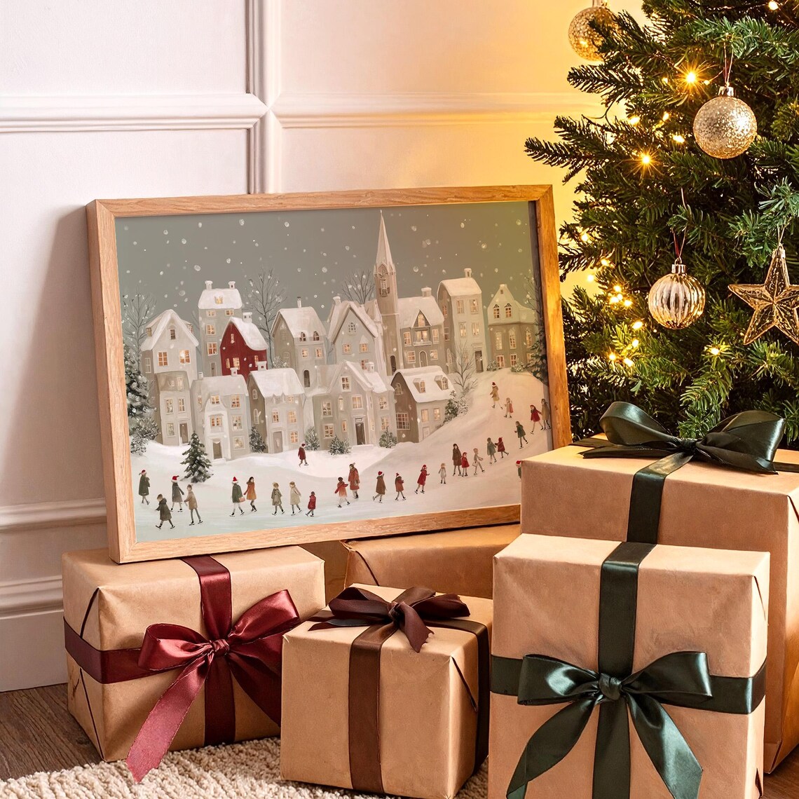 Snowy Christmas Village With Church Naive Winter Painting Poster