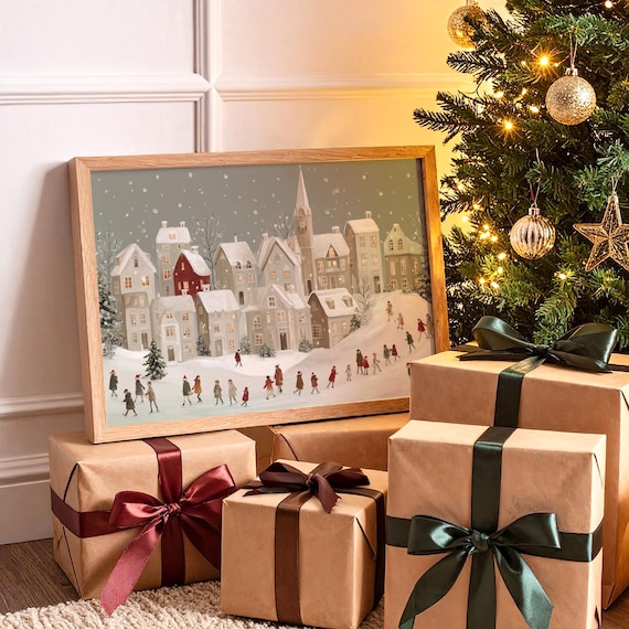 Snowy Christmas Village With Church Naive Winter Painting Poster