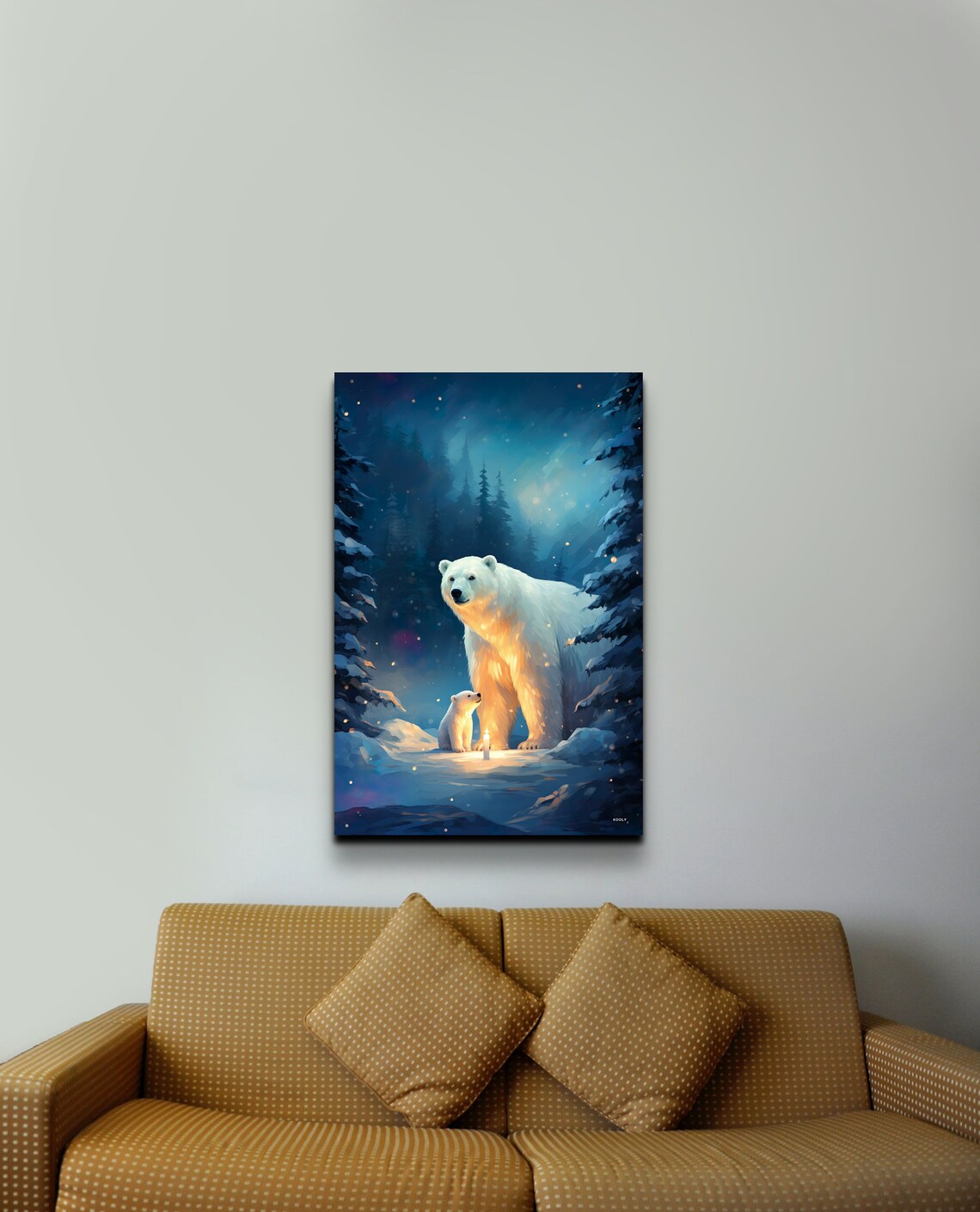 Polar Bear Mother Cub Snowy Night Forest Candlelight Art Poster - Image 5