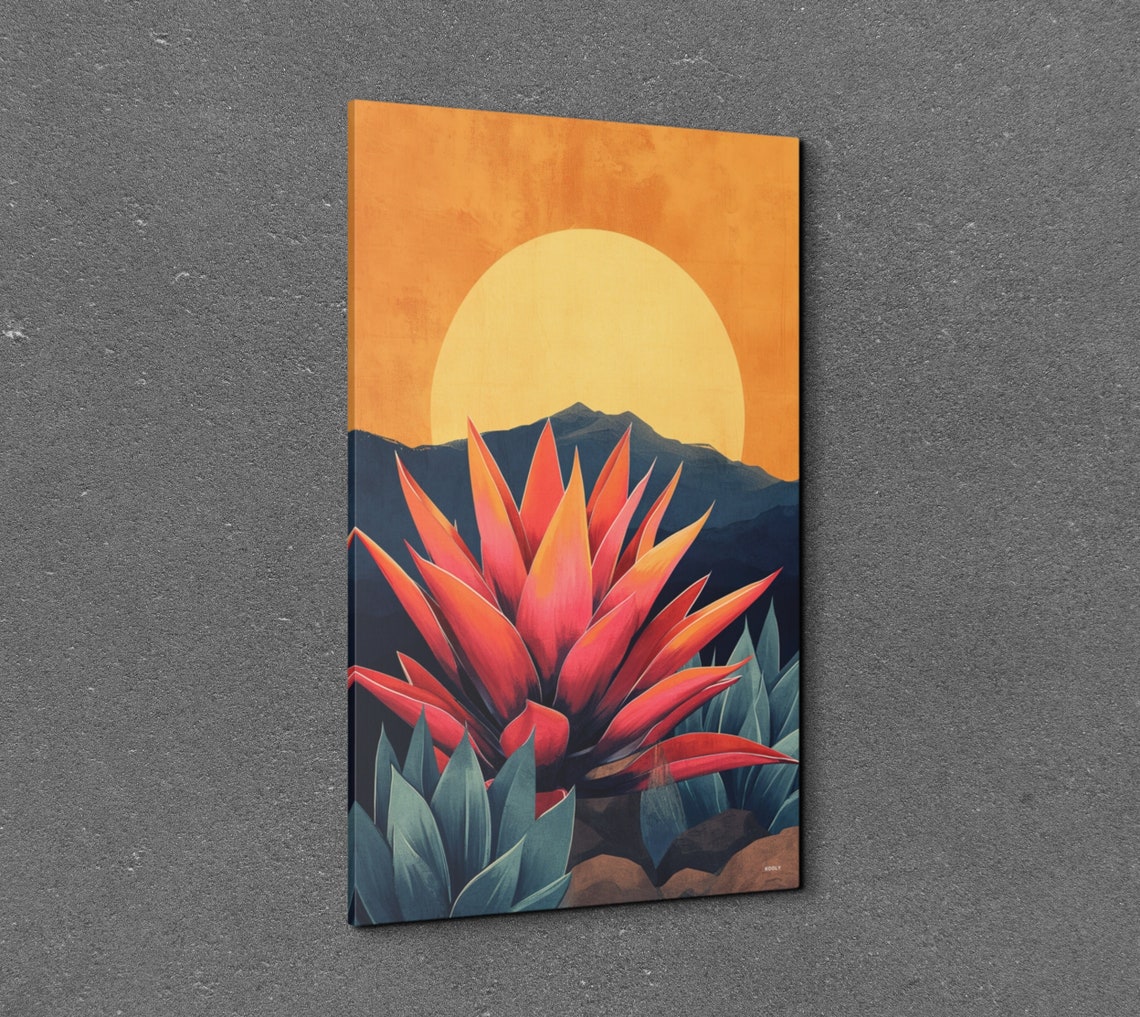 Red Agave Against Desert Sun Mid Century Modern Botanical Poster - Image 3