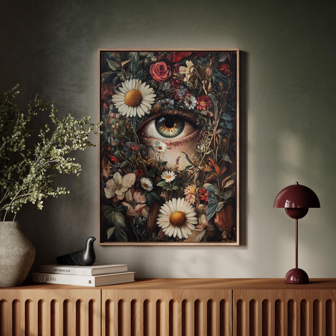 Surreal Human Eye In A Garden Of Daisies And Roses Art Print