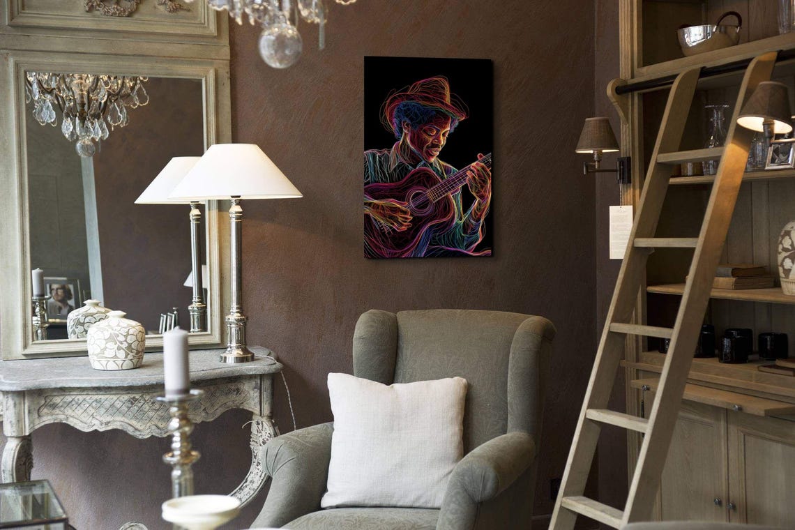 Neon Line Art Guitarist in Hat Colorful Music Room Wall Poster - Image 6