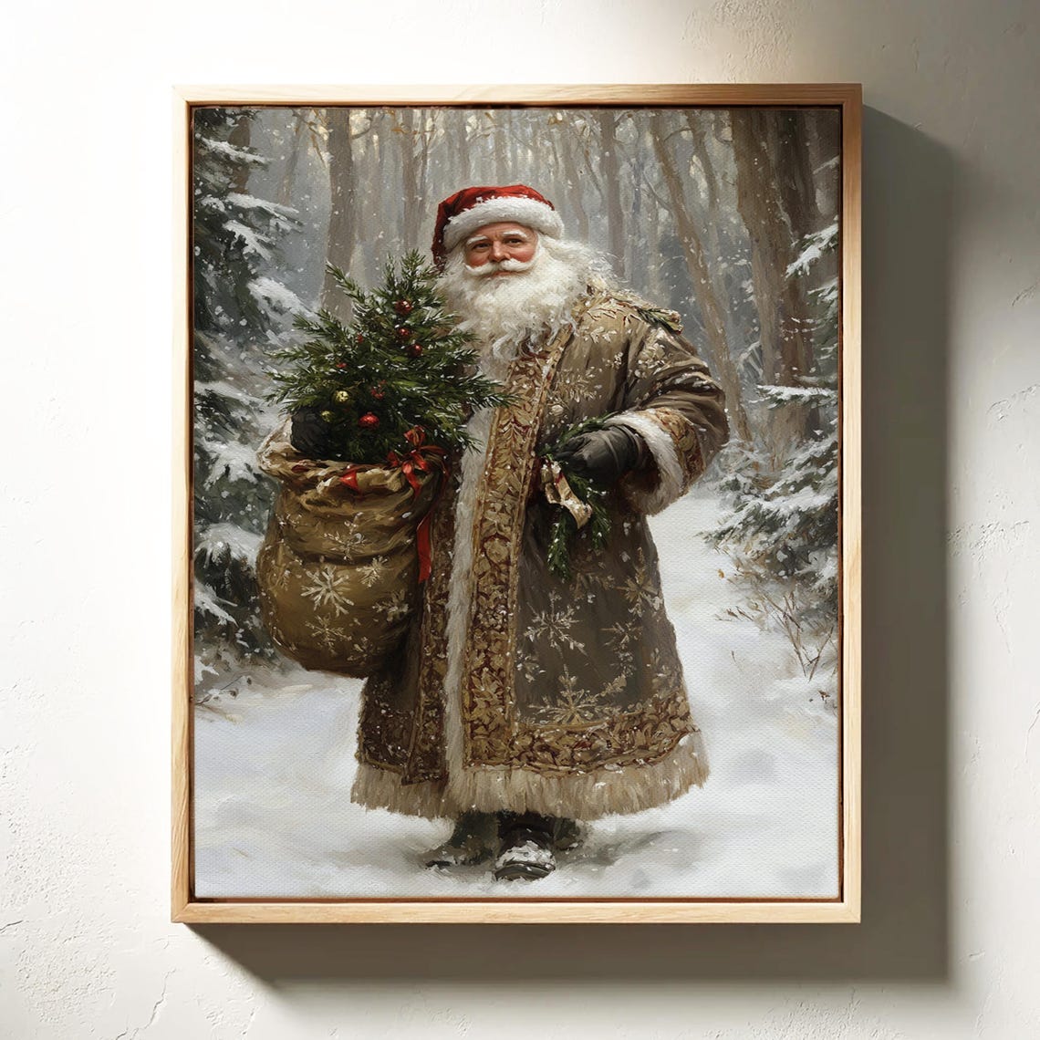 Vintage Santa Claus In Snowy Forest Rustic Christmas Wall Art - Image 2