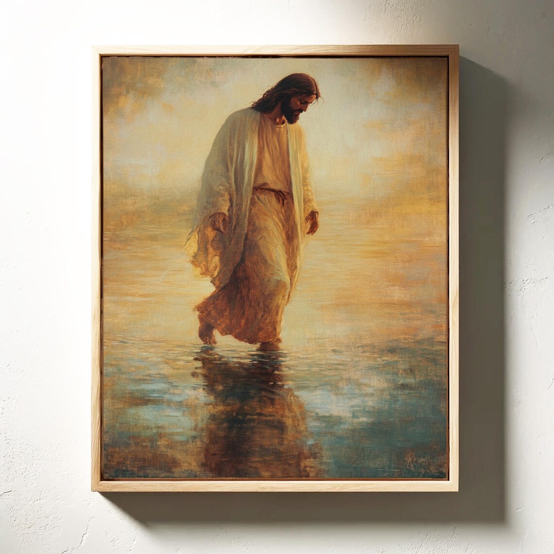 Jesus Walking on Water at Golden Sunrise Over Calm Seas Poster - Image 3