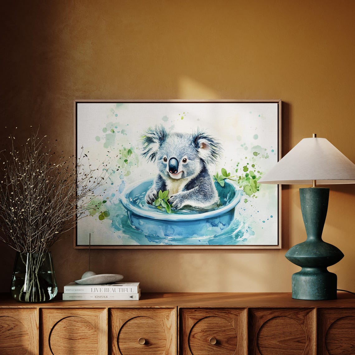 Sweet Baby Koala Bathing in a Blue Tub Watercolor Art Poster - Image 3