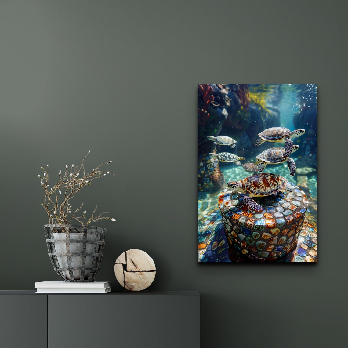 Sea Turtles Swimming Around Mosaic Underwater Column Wall Art - Image 5