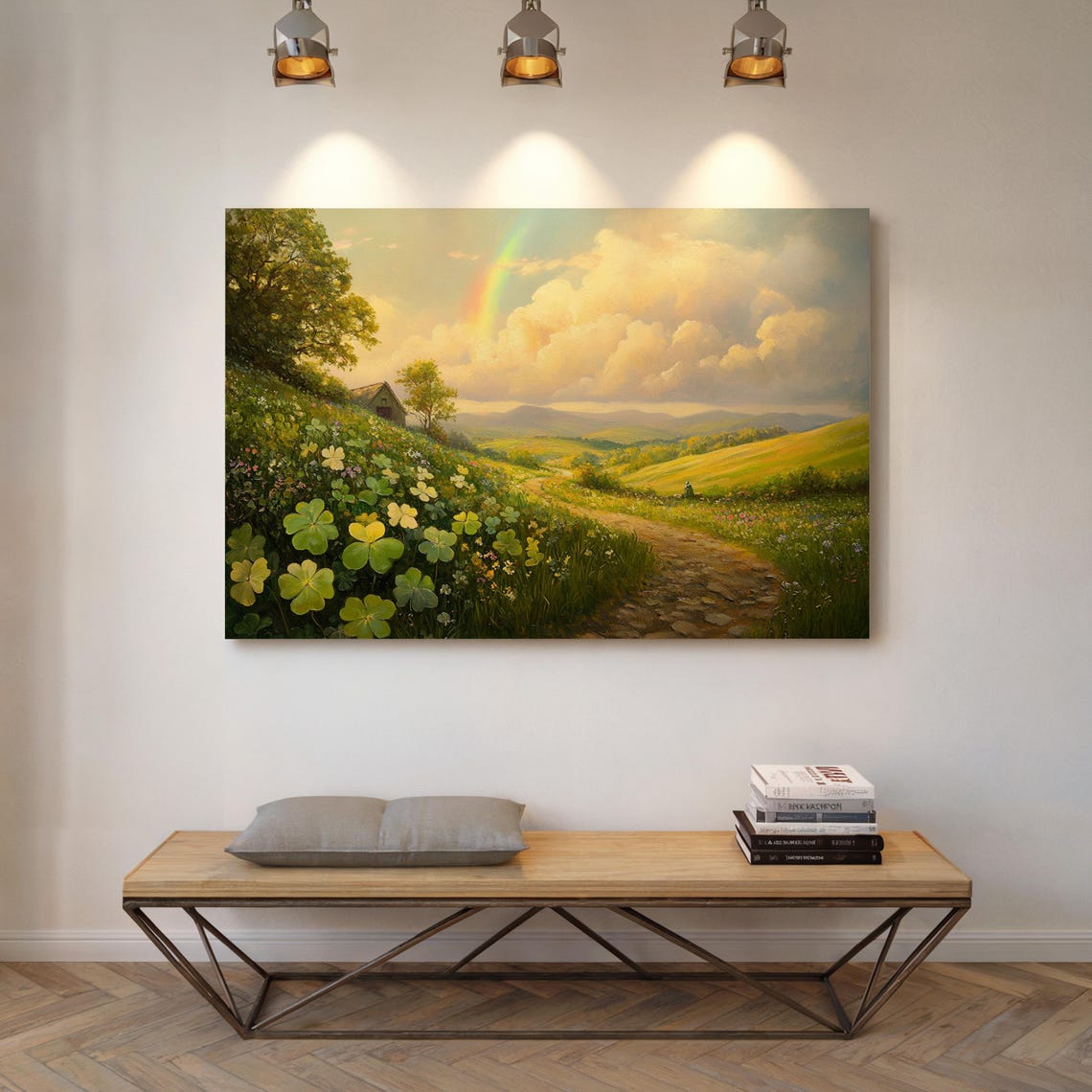 Rainbow Over Countryside Hills Wildflower Meadow Cottage Path Wall Art - Image 7