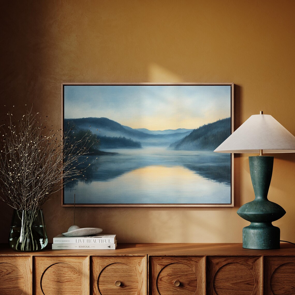 Misty Lake Sunrise Art Blue And Yellow Mountain Landscape Wall Decor - Image 3