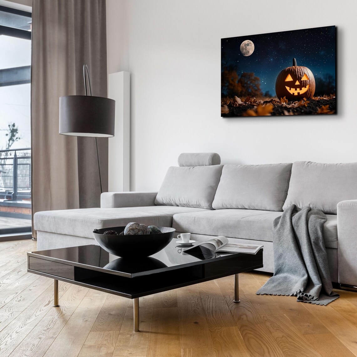 Jack O Lantern Glowing in Autumn Leaves Under a Starry Full Moon Sky Poster - Image 6