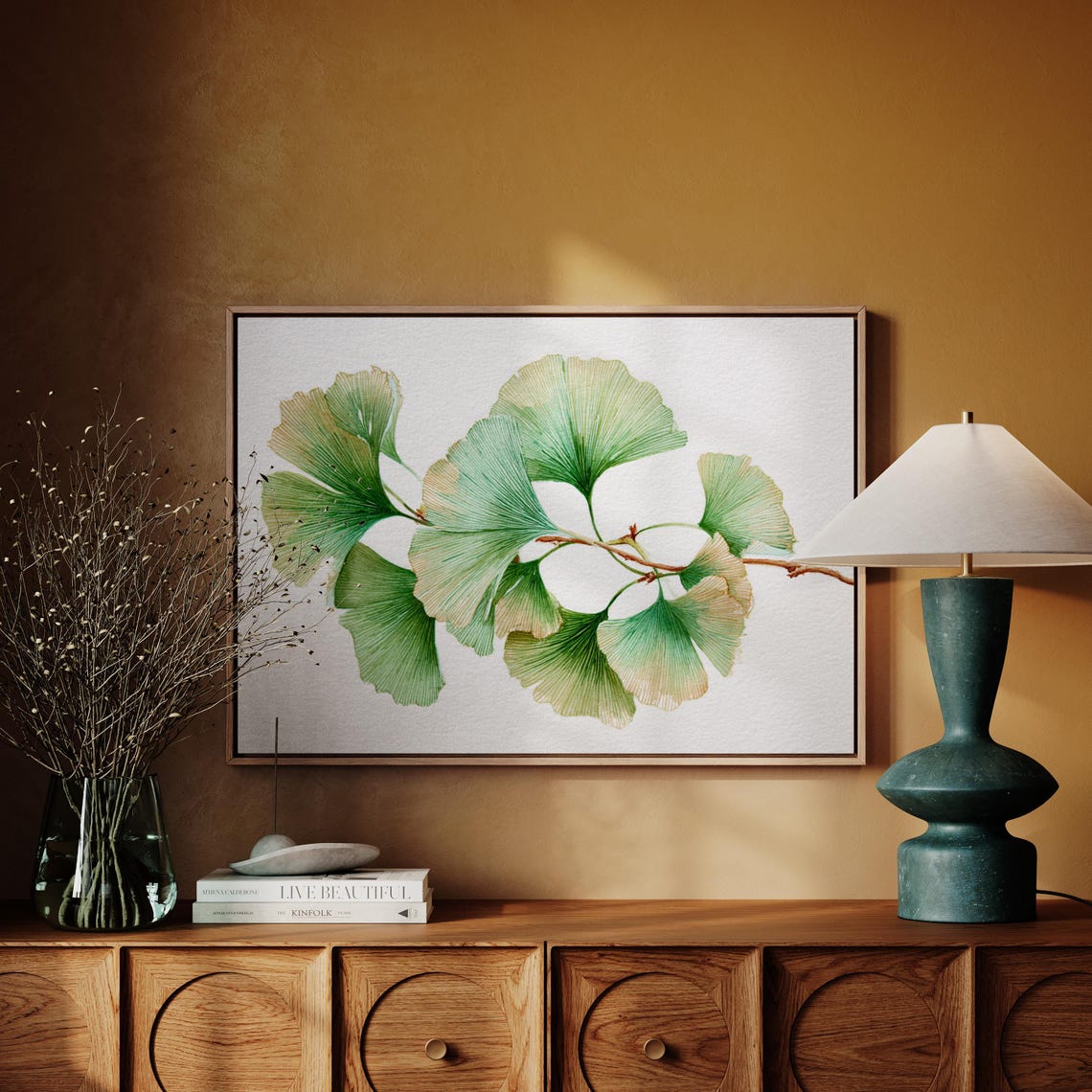 Ginkgo Leaf Branch Soft Green Watercolor Botanical Nature Wall Art