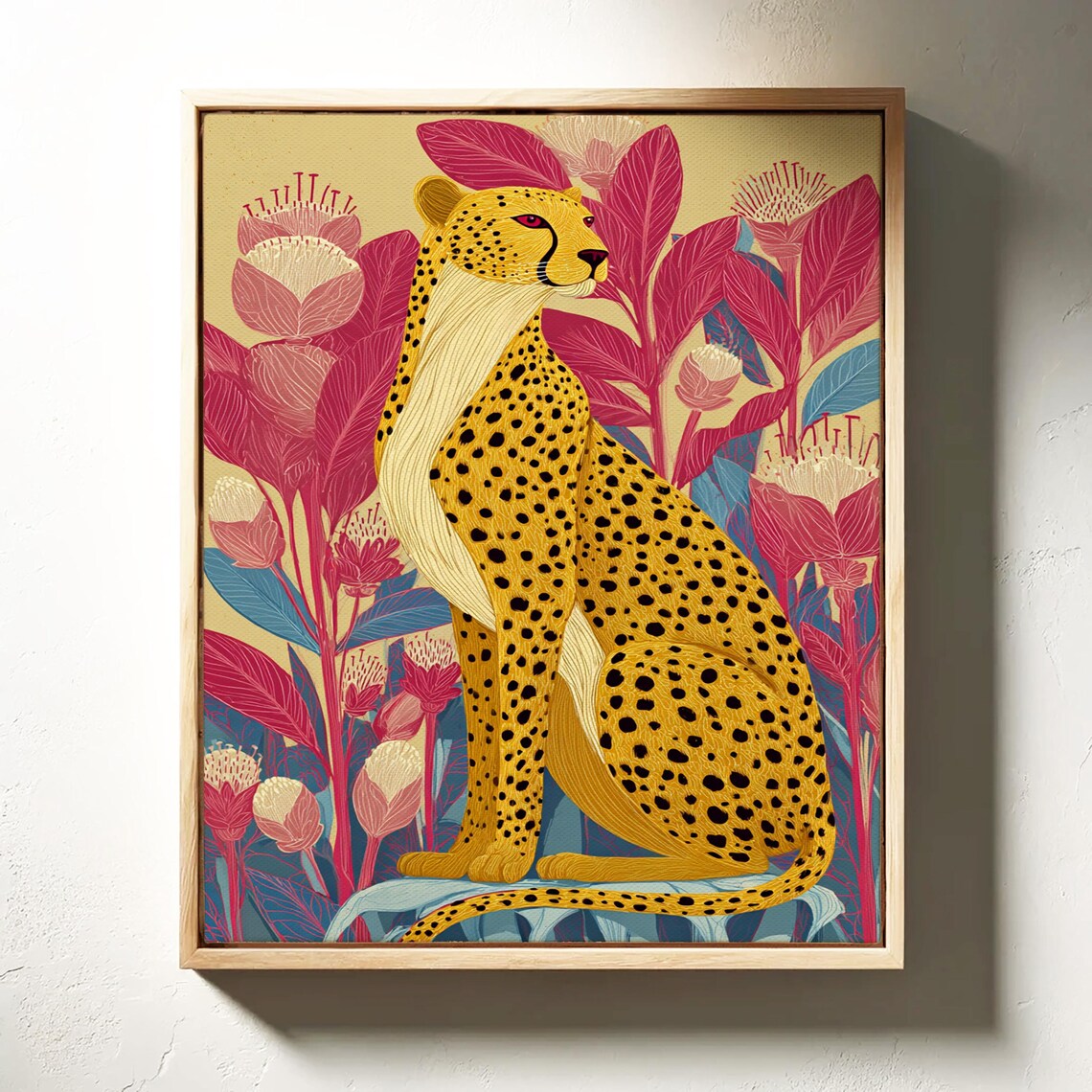 Golden Cheetah Among Bold Floral Patterns Art Print