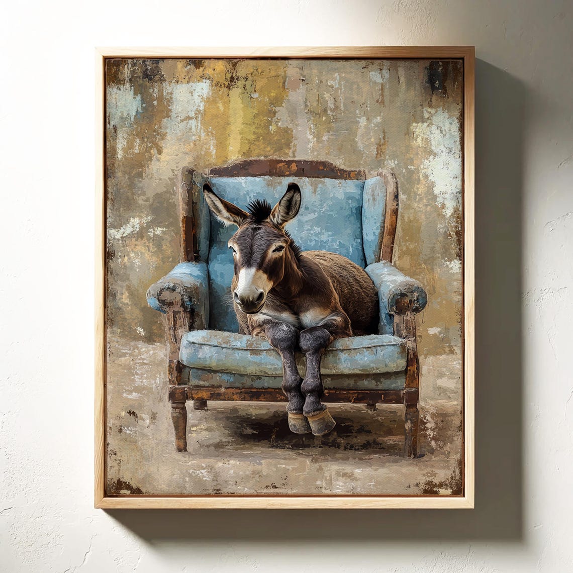 Charming Donkey Sitting in a Rustic Blue Armchair Art Poster - Image 3
