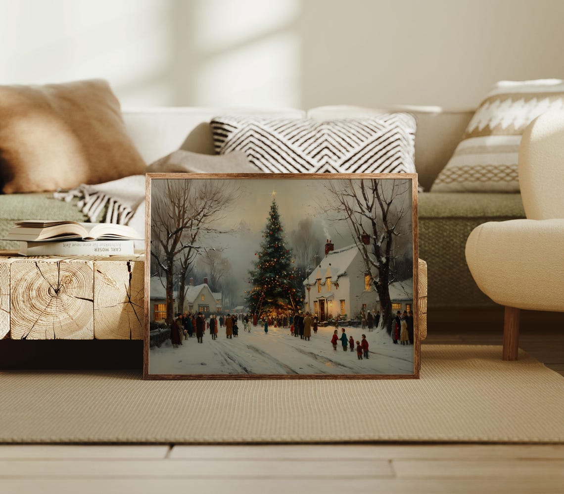 Village Christmas Tree Lighting Snowy Town Square Crowd Scene Poster