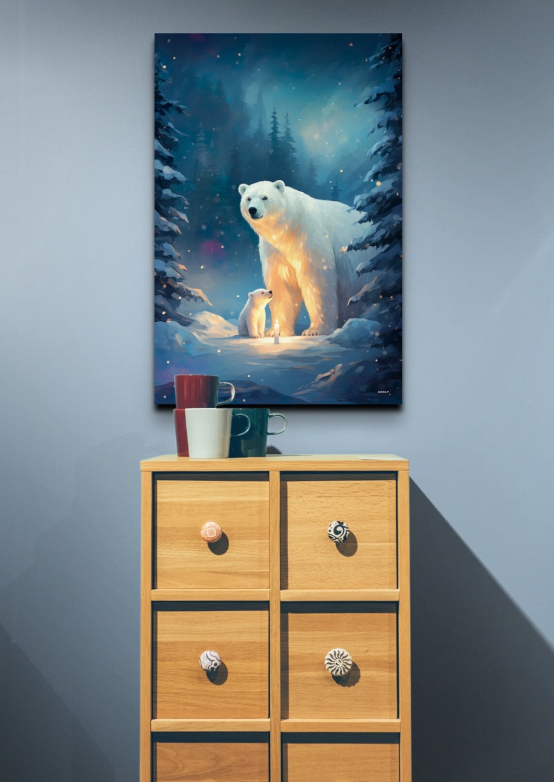 Polar Bear Mother Cub Snowy Night Forest Candlelight Art Poster - Image 7