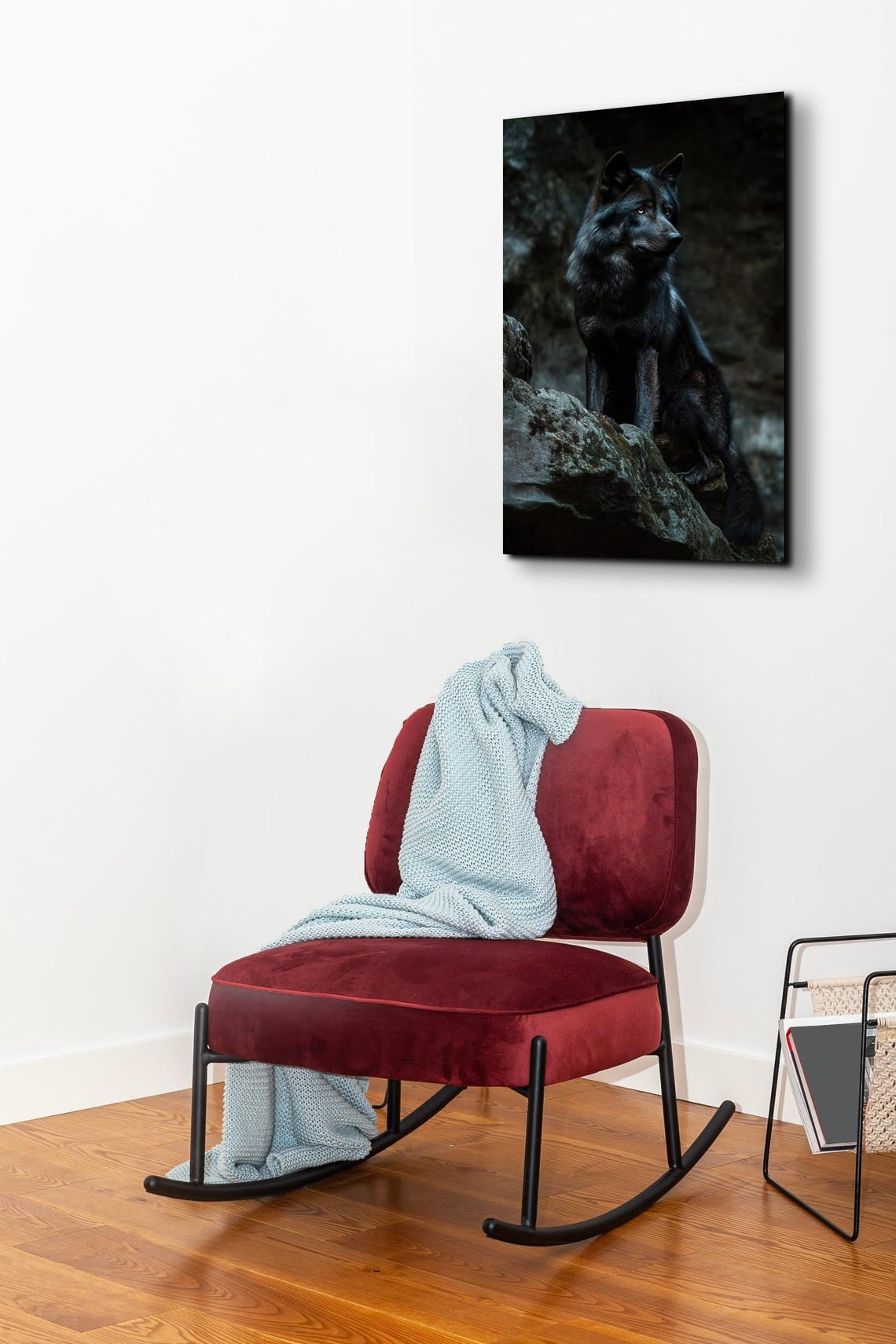 Black Wolf Standing on Rocky Outcrop in Dark Forest Night Photo Poster - Image 3