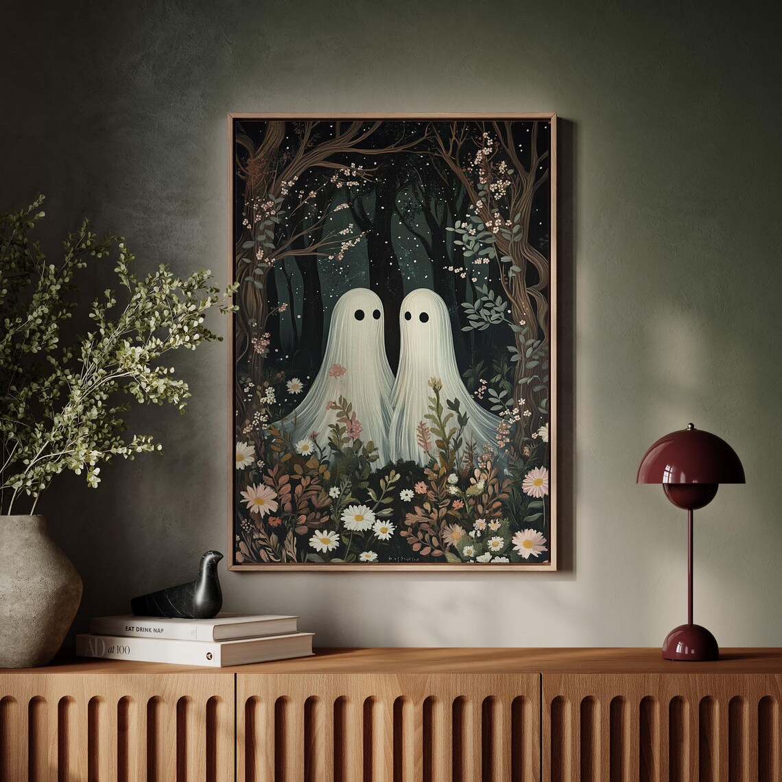 Ghost Couple In Moonlit Floral Night Forest Cute Spooky Halloween Poster