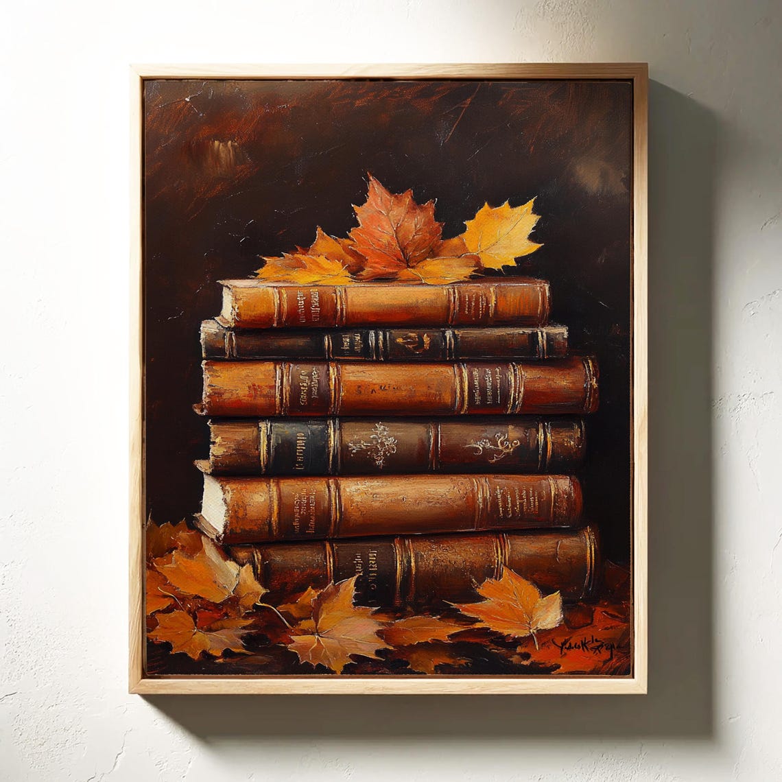 Stack of Antique Books With Autumn Maple Leaves Dark Still Life Poster - Image 6