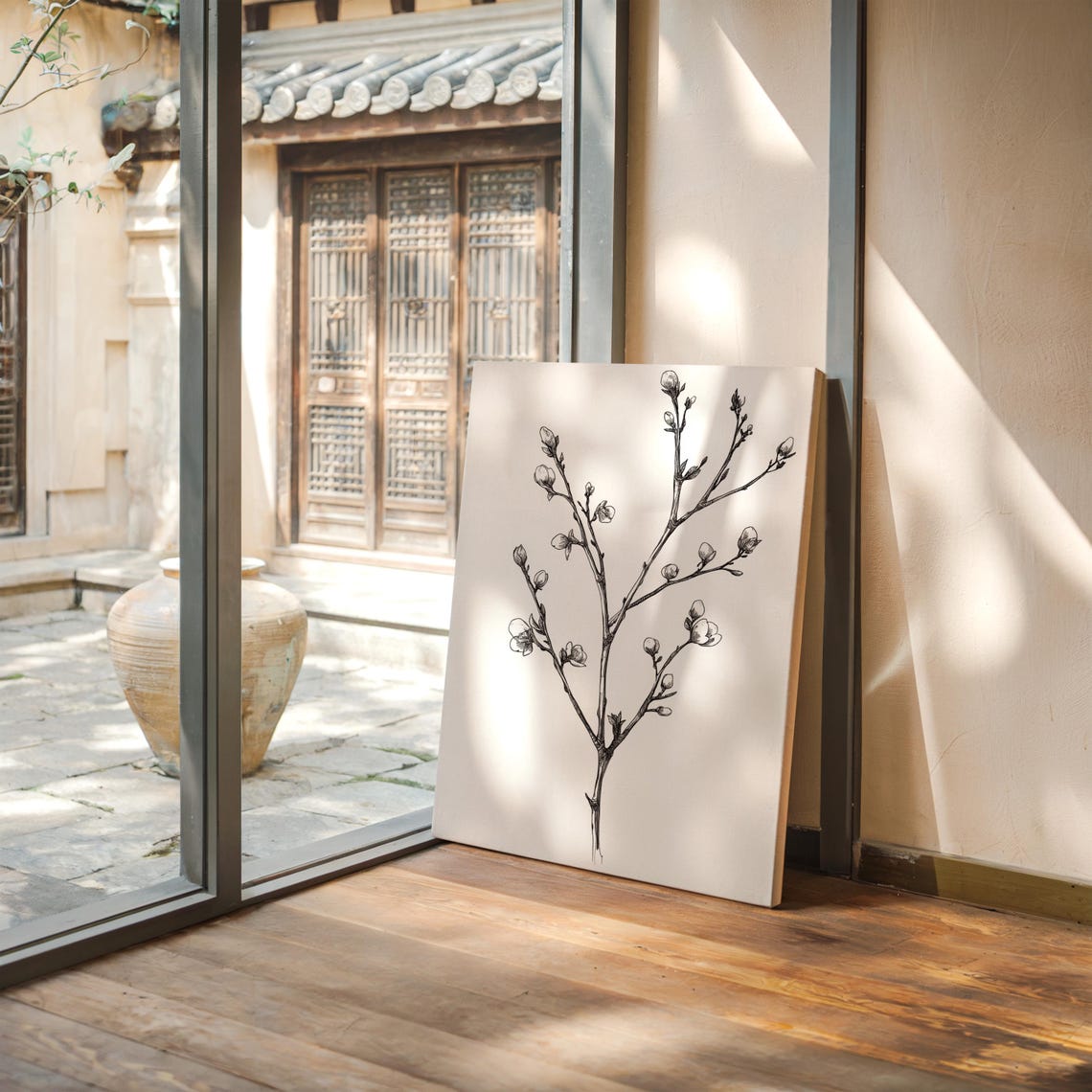 Delicate Flowering Branch Ink Sketch Minimalist Framed Poster - Image 3