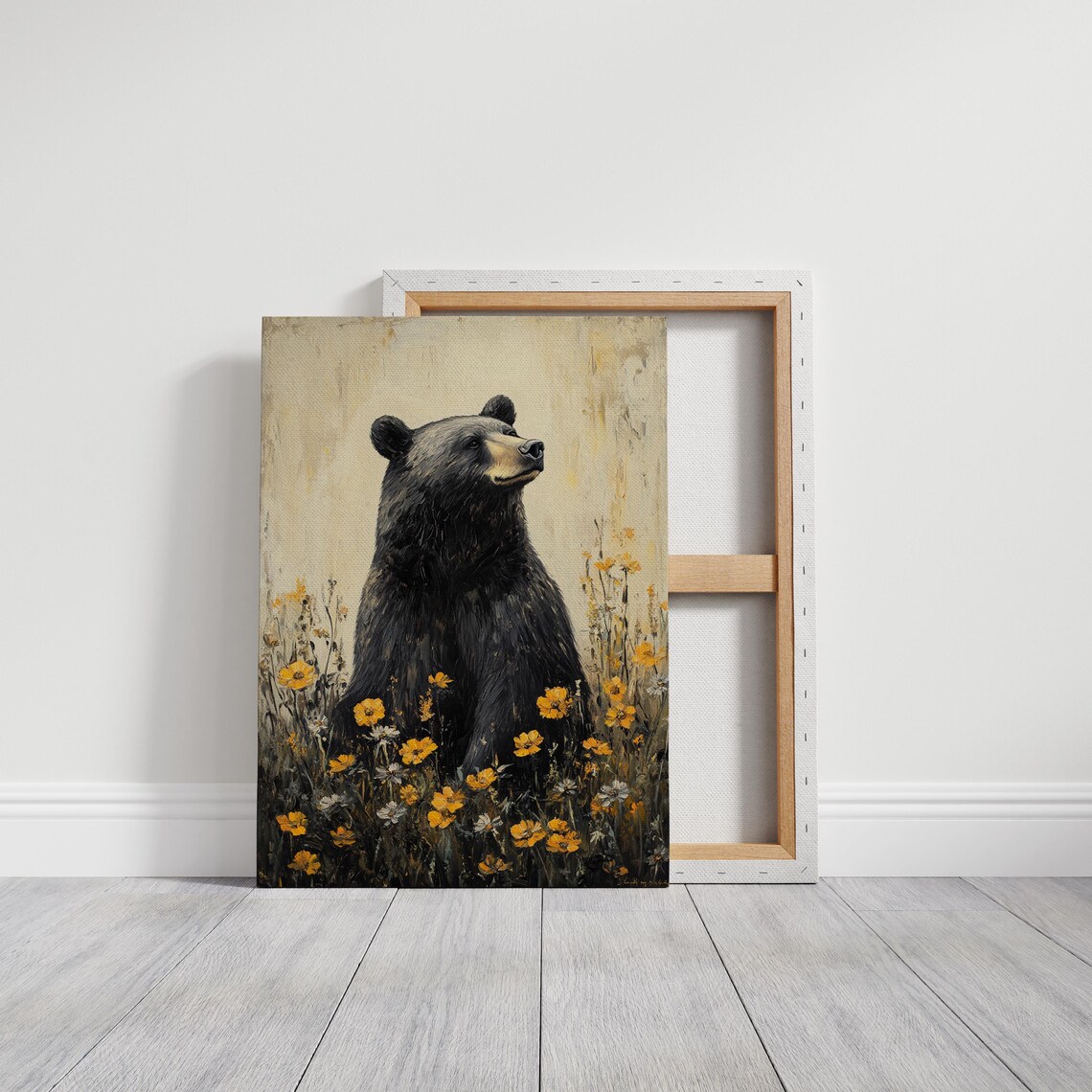 Black Bear Amid Golden Wildflowers Rustic Art Print - Image 3