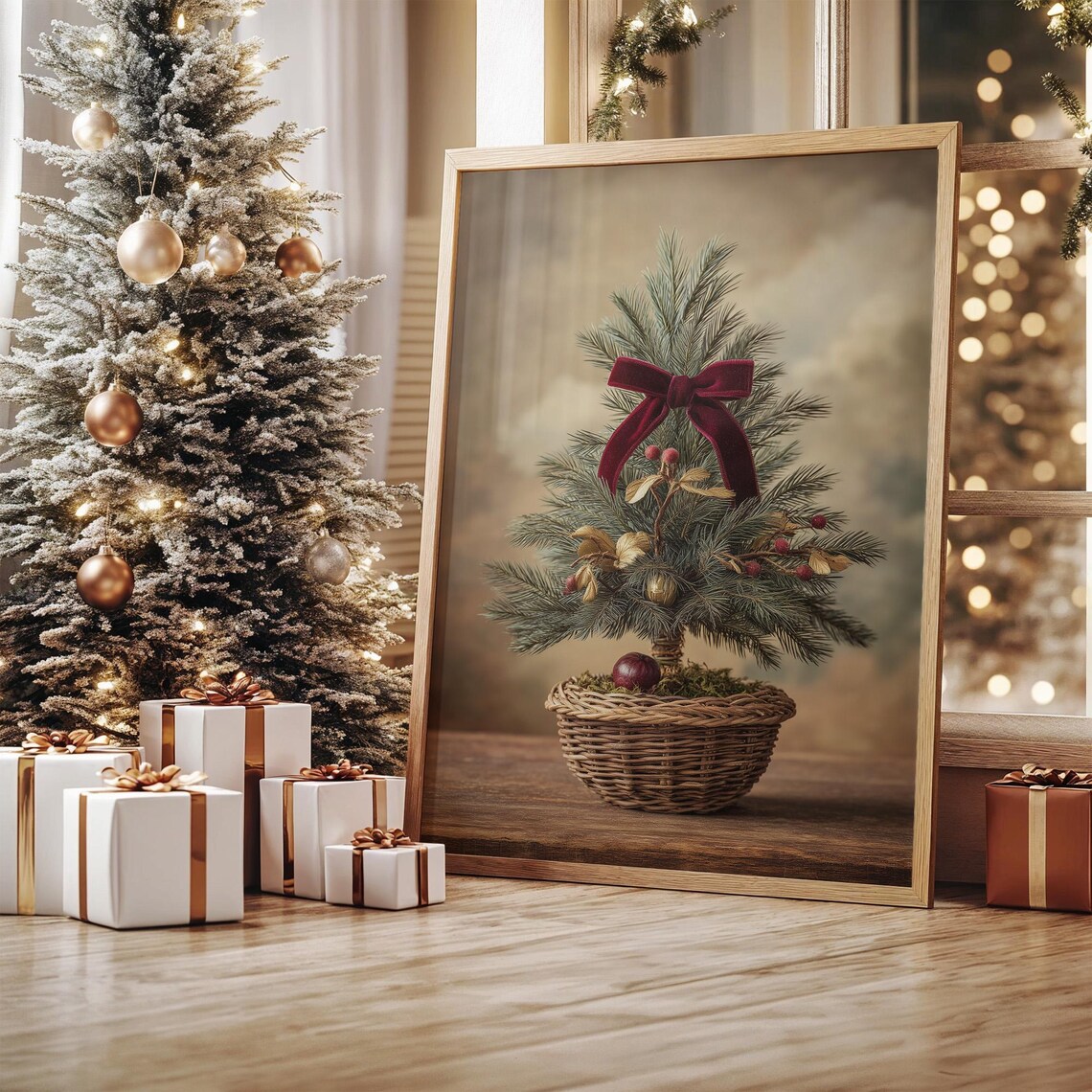 Mini Christmas Tree In Woven Basket Art Print