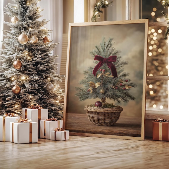 Mini Christmas Tree In Woven Basket Art Print