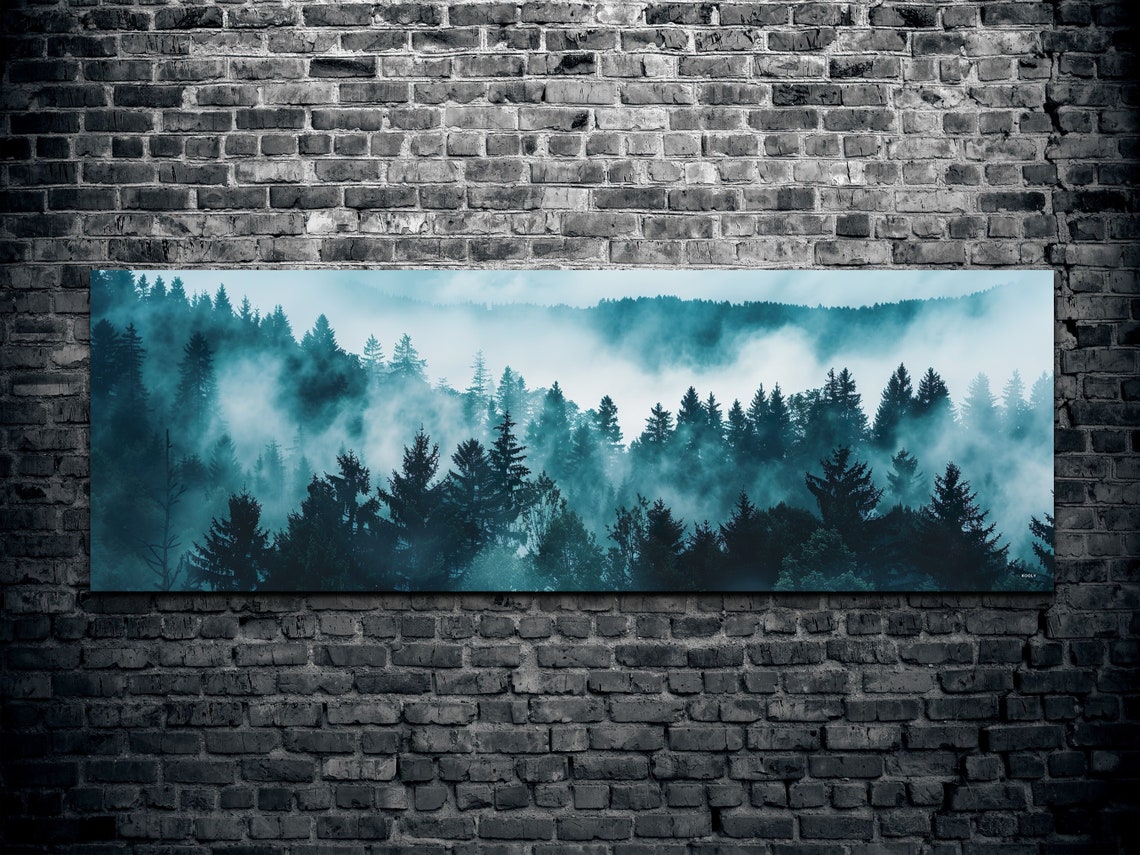 Moody Thick Blue Green Fog Filling a Pine Forest Valley Poster - Image 2