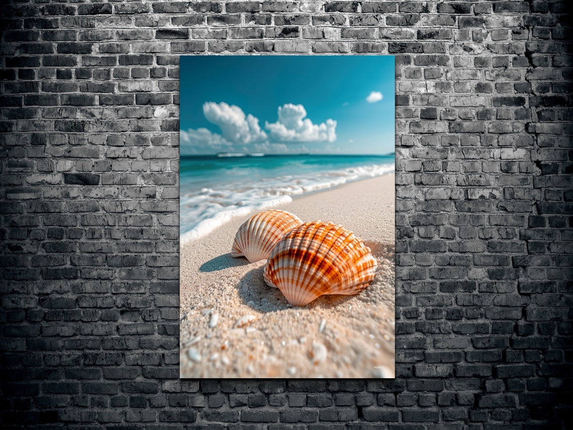 Orange Seashells on a Sandy Beach with Turquoise Water Poster - Image 2