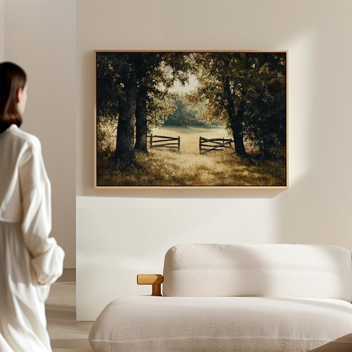 Sunlit Meadow with Rustic Wooden Fence Gate Landscape Painting Poster - Image 4