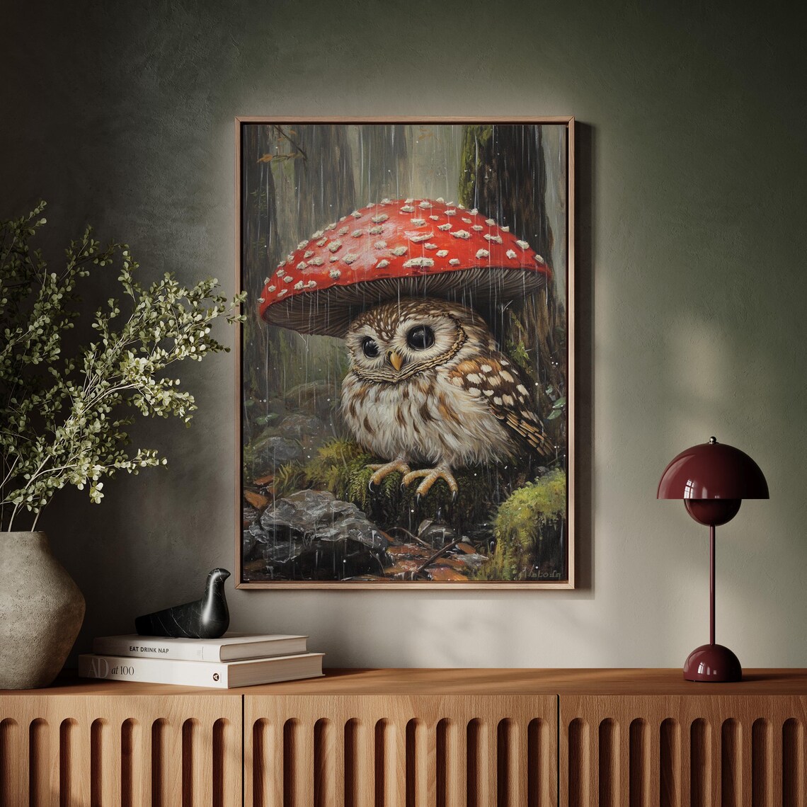Adorable Owl Under Red Mushroom Rainy Forest Shelter Scene Poster - Image 7