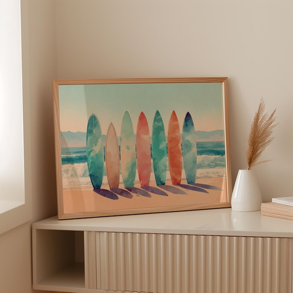 Seven Colorful Surfboards Beach Sunset Coastal Surf Decor Poster