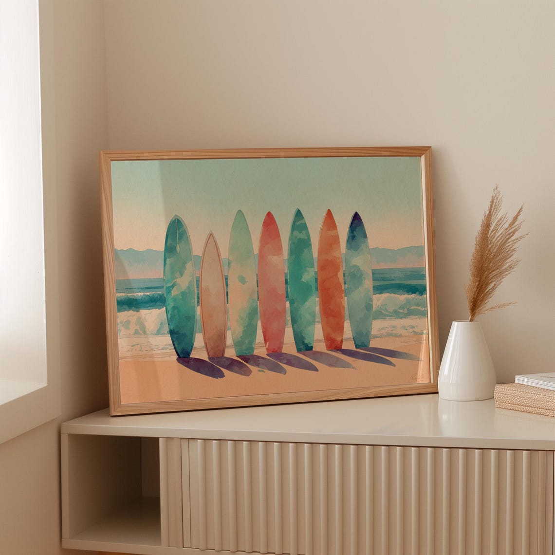 Seven Colorful Surfboards Beach Sunset Coastal Surf Decor Poster